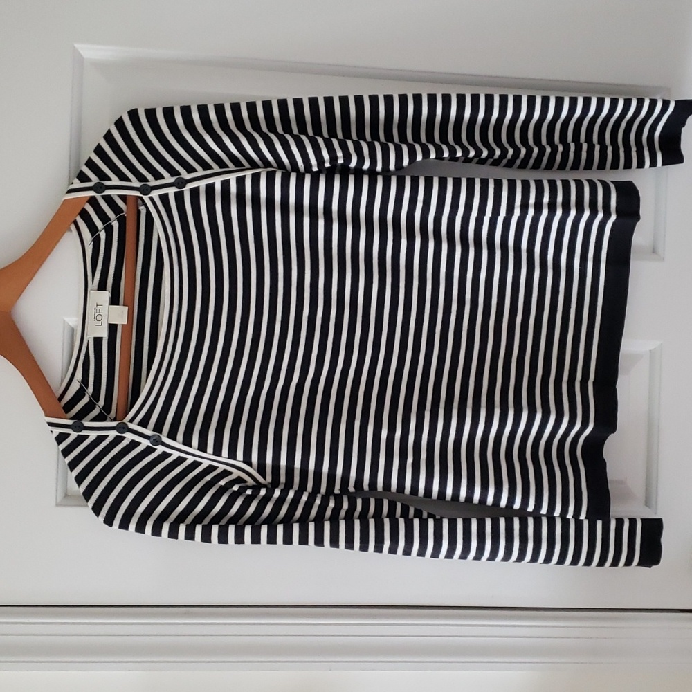 Ann Taylor LOFT Breton Blue White Striped Sweater sz M